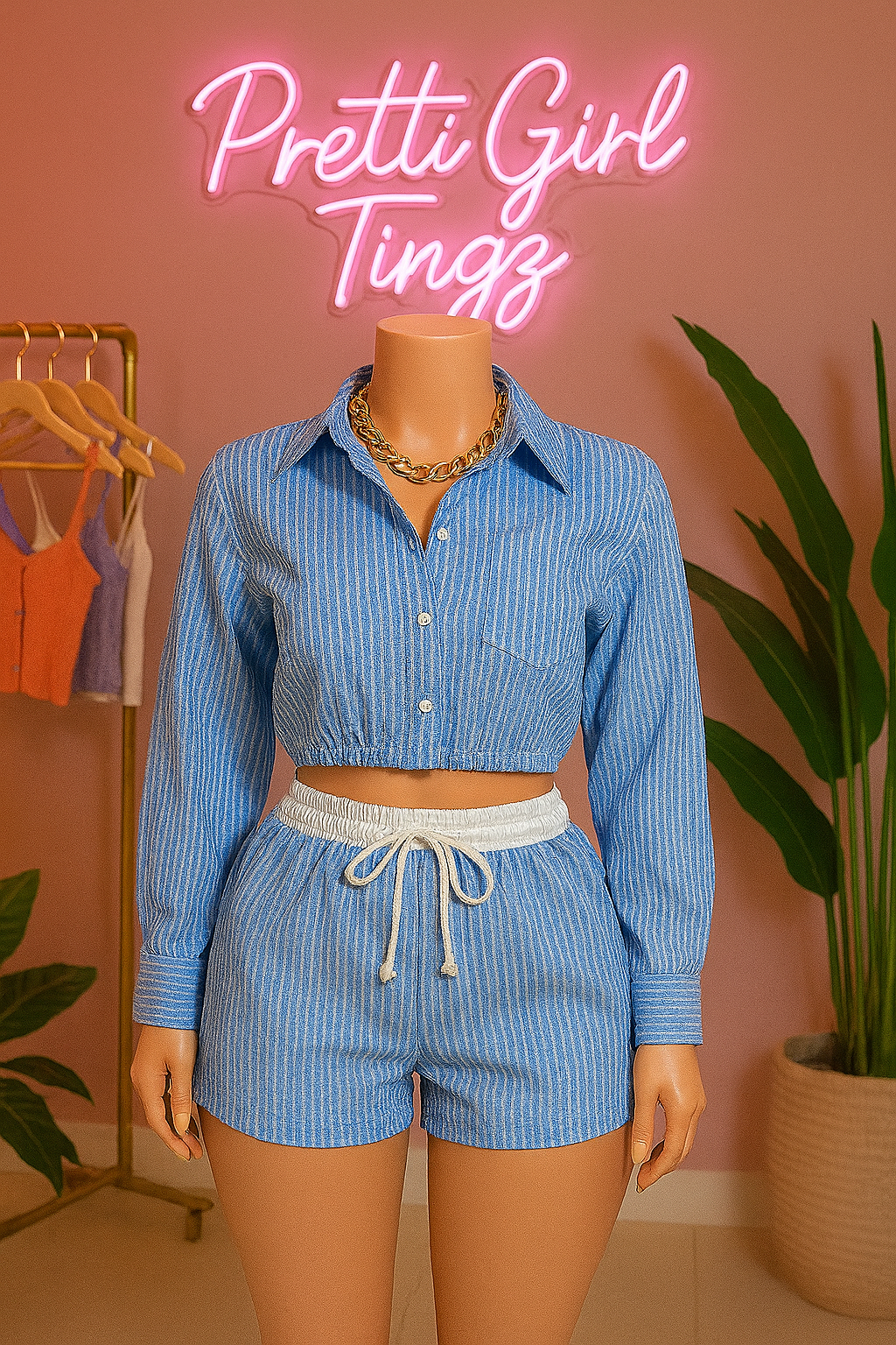 “Chic Blue Pinstripe Lounge Set – Pretti Girl Edition”